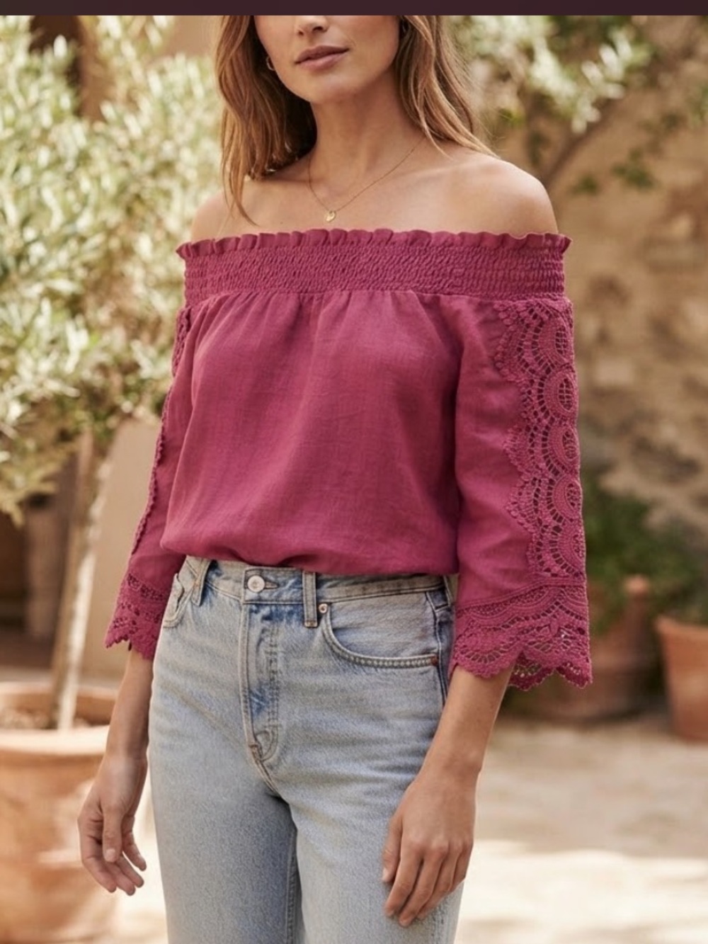 Chico's 1.5 US 10 Pink 100% Linen Off The Shoulder Top Crochet Lace Sleeve Boho